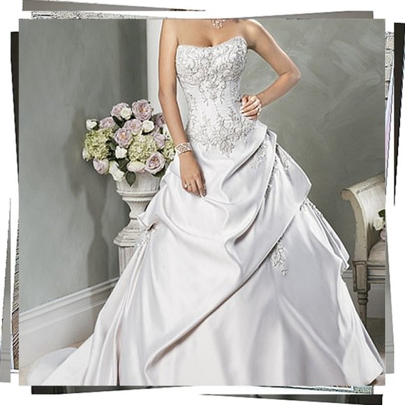 NWOT: Strapless White Satin Victorian Inspired Wedding Gown w/ Crystal & Beading - Picture 1 of 10